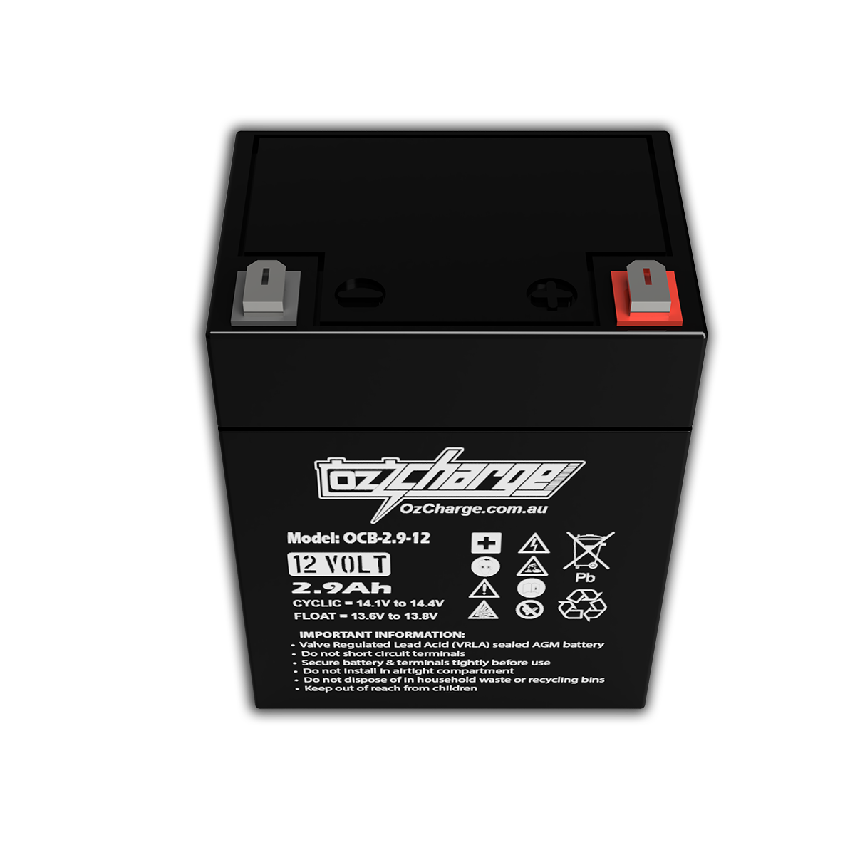 12V 2.9Ah AGM Deep Cycle Battery | OzCharge Mobility Scooter Batteries